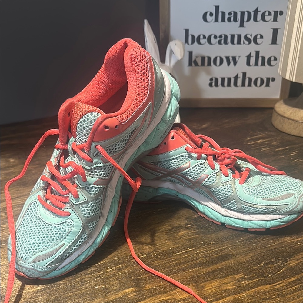 Asics Green and Pink Athletic Shoes with Mesh Upper